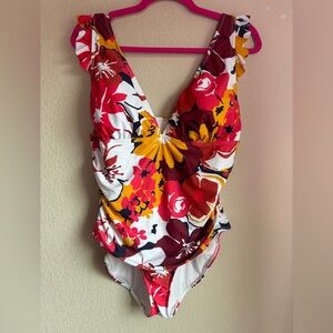 Anne Cole Retro Floral Shirred Ruffle Sleeve One Piece Swimsuit 14